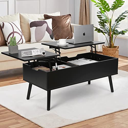VOWNER Mesa de centro, mesa de centro regulável em altura, removível, extensível, compartimento de armazenamento oculto independente, placa dupla elevável, mesa de sofá de sala de estar, preto