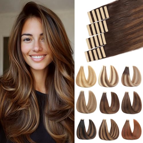 ShowJarlly Extensões de cabelo natural 20 peças de extensões adesivas cabelo natural 50 cm castanho escuro com castanho extensões de cabelo naturais Remy extensões adesivas 50 g