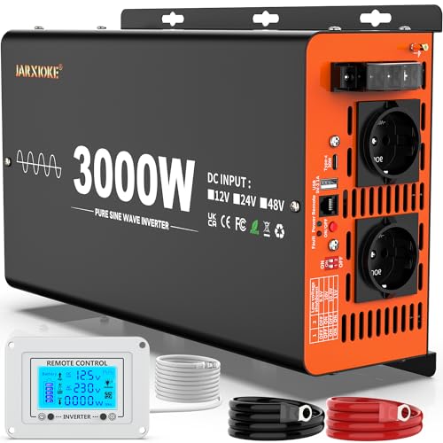 Inversor 12 v 230 v onda pura 3000 W conversor transformador de corrente com 2 x entradas UE, 2 x USB-A, 1 x USB-C, controlo remoto LCD para campismo, emergência de cortes de energia (tensão de