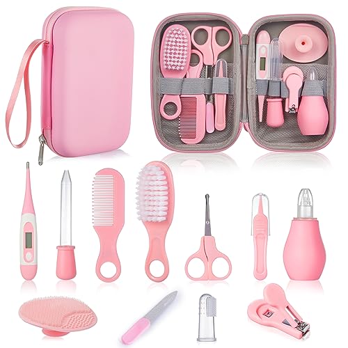 Lictin Conjunto para cuidados com o bebé - conjunto de 12 peças kit de higiene para bebés, produtos para bebés, kits de puericultura para viagem e uso diário (rosa)