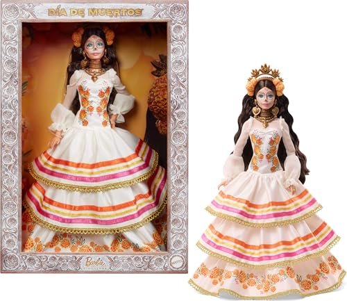 Barbie Signature Boneca de Dia dos Mortos 2025 colecionável com vestido de cor creme com folhos decorado com malmequeres e laço, coroa de flores e maquilhagem de caveira na cara, JBJ05