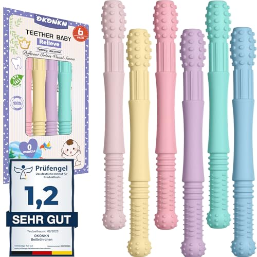Mordedor bebé tubos, brinquedos bebés 3-6 meses 3 peças tubos de mordedor, mordedor para bebé com 3 brinquedos de deteção silicone e 1 escova de limpeza (3 peças)