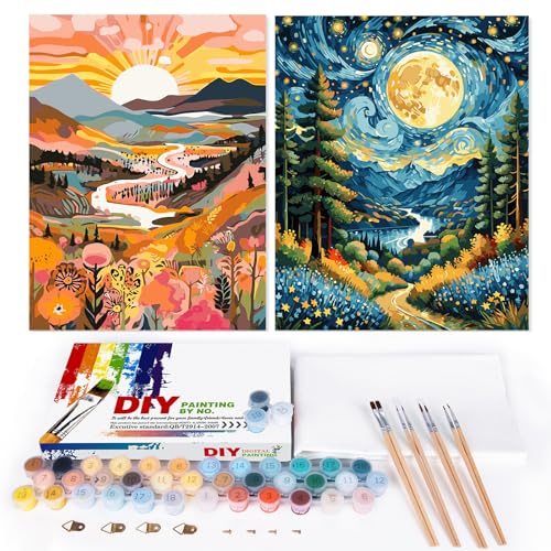 EFOTIML Paint by Numbers Kit para adultos iniciantes e crianças idades 8-12, 16 x 20 Canva para kits de pintura para adultos em caixa colorida (sem moldura) - Sunrise Moon Stars Mountain (2 unidades)