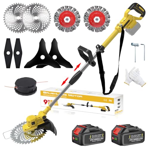 Desboçador elétrico de 21 V, máquina de barbear bateria Brushless 5 em 1 corta-choques bateria com 2 baterias de 4,0 Ah, escova de ervas daninhas, cabo ajustável, para relva e jardim, poda (amarelo)