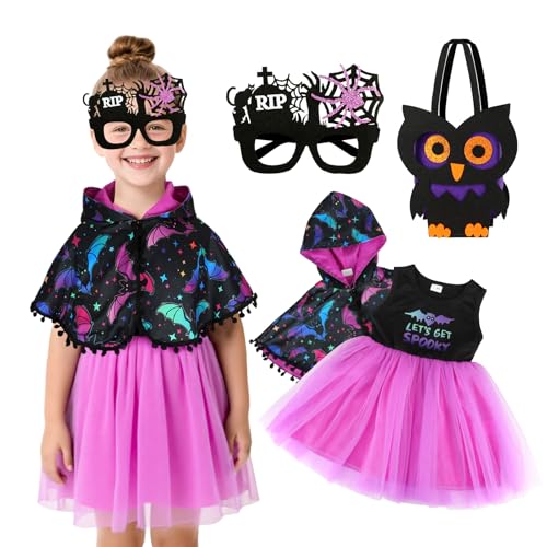 TAGVO Vestido princesa bruxa menina, disfarce bruxa menina poncho roxo capa com capuz Halloween, vestido tutu princesa brilhantes estrelas com chapéu Halloween Fancy Dress up para menina 1-6 anos