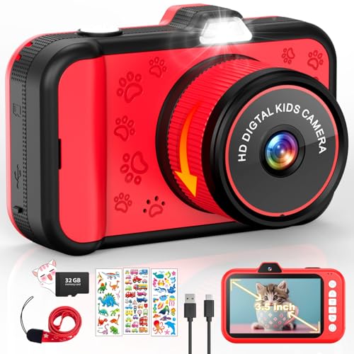 Câmara com fotos infantis, ecrã grande de 3,5", zoom giratório de 360°, câmara digital vídeo crianças 1080P HD com Selfie, flash LED, cartão SD 32G, presente para meninas e meninos 3 4 5 6 7 8 9 10 11