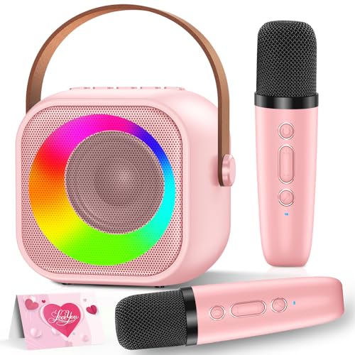 Karaoke para crianças de 3 a 12 anos, microfone sem fios Bluetooth, mini máquina de karaokê, 2 microfones, brinquedo com efeitos de voz e luzes LED - presentes de aniversário de Natal para meninas e