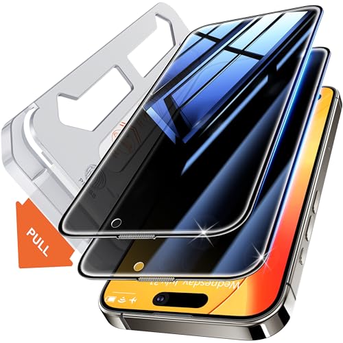 Tentoki Protetor de ecrã de privacidade para iPhone 15 Pro, alinhamento automático para instalação rápida, [2 peças] compatível com ID de rosto, anti-espia [Proteção de privacidade de 25 graus]