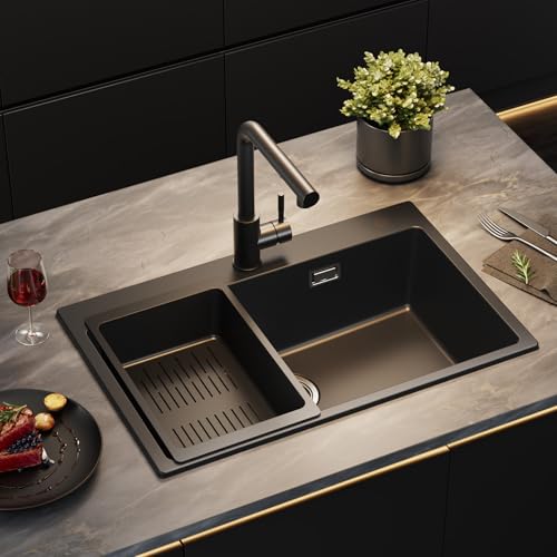 Sofetiy Lava-louça de granito preto, 70 x 45 cm, lava-louças da cozinha, lava-louças de cozinha, lava-loiças grandes pretas embutidas, lava-louças de cozinha retangulares, lava-loiças preto
