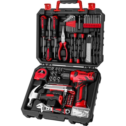 DEKO Caixa de ferramentas completa com chave de fenda elétrica/broca com bateria de 8 V, mala de 126 peças, caixa profissional de ferramentas domésticas de bricolage para escritórios e jardim,