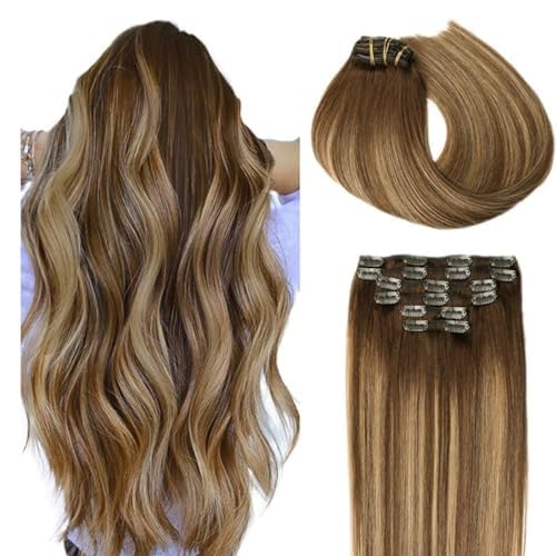 SURNEL Clipe de cabelo natural Balayage Extensões castanho chocolate a loiro caramelo 120 g 55 cm 6 peças extensões de clipe de humano real extensões de cabelo Remy (C#4/27/4-55 cm)