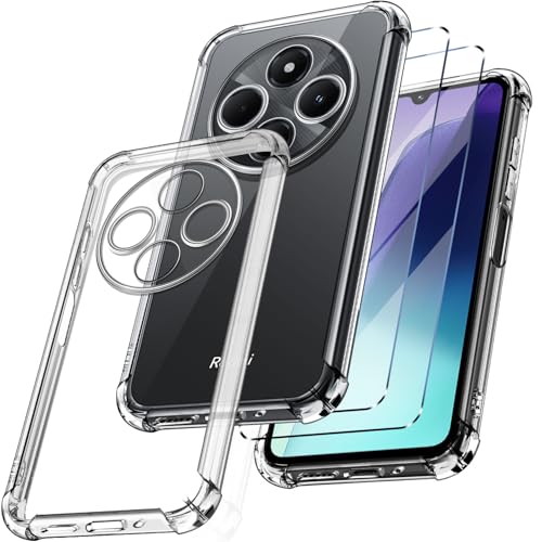 New&Teck - Capa para Xiaomi Redmi 14C/Redmi A4 2 vidro temperado protetor de ecrã, capa transparente de silicone TPU flexível, para-choques com cantos reforçados (transparente)