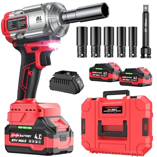 Chave de impacto sem fio, 1200 Nm, pistola de impacto sem escovas de 1/2 polegadas, chave de fenda de impacto de alta potência de par de 21 V, 2 baterias de 4,0 Ah, motor de impacto elétrico de