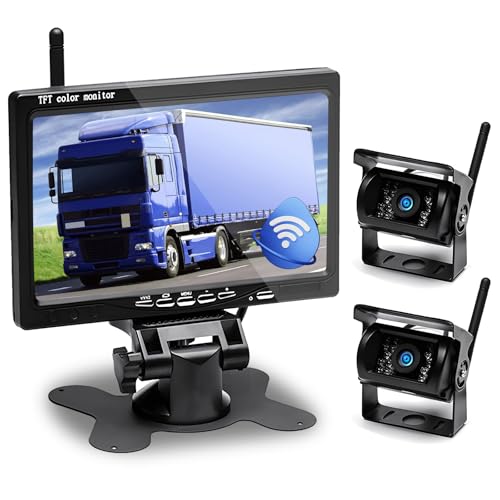 Hikity 7" Kit de câmara de marcha traseira sem fios com 2 câmaras traseiras divididas com IP67 visão noturna impermeável + gravação de vídeo para camiões, reboques autocarros autocaravanas 12 V - 24 V