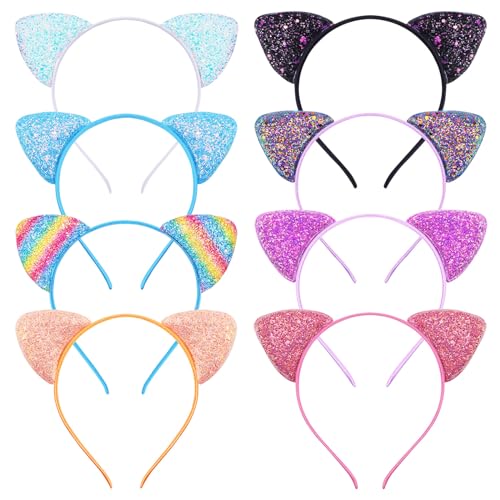 ZOCONE 8 peças diadema com orelhas de gato meninas glitter diadema orelhas de gato para menina brilhantes diadema de gato diadema de gato multicolorido diadema meninas para festa disfarces Halloween