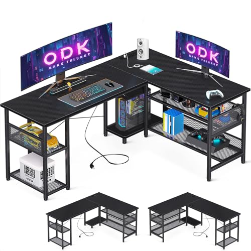 ODK Mesa de jogos em forma de L com design reversível, mesa com grande armazenamento, secretária com canto com 2 tomadas e 2 portas USB, 150 x 102 cm (fibra de carbono preto)