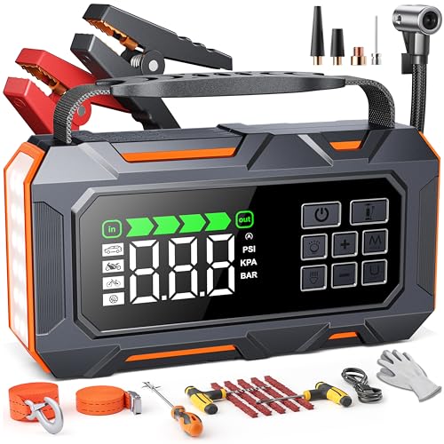 TREKURE 14 em 1, 6500A Arrancador de baterias de carro, 160 PSI iniciador de carros com compressor de ar, novos kits de emergência com luzes multimodos e luvas isolantes (para All Gas ou 12 L Diesel)