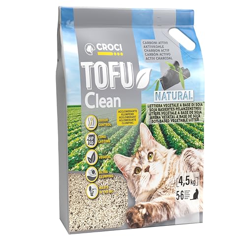 Tofu Clean - areia para gatos de 10 l, com carvão ativo, areia aglomerante antiodor com carvão ativo, biodegradável e descartável em sanitas, 100% vegetal, areia de longa duração