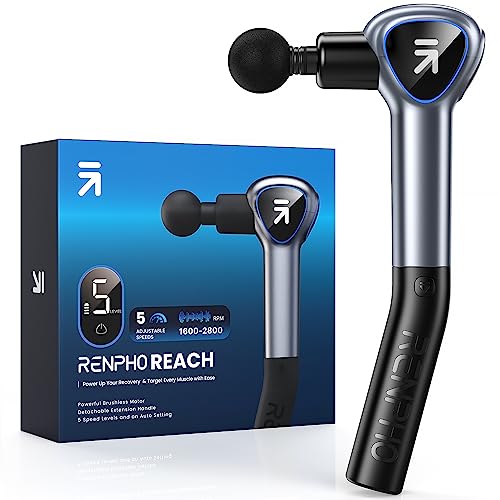 Pistola de massagem muscular com cabo extensível removível, RENPHO Reach pistola de massagem, pistola de massagem profissional com LED Screen para relaxamento muscular, cinzento