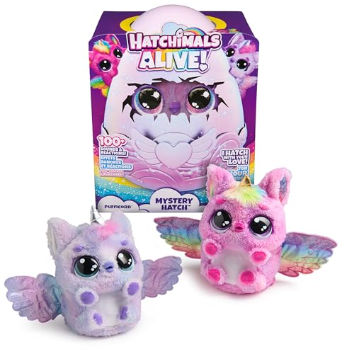 HATCHIMALS Alive Mystery Hatch PUFFICORN Peluche interativo surpresa e ovo com névoa, luzes e mais de 100 reações e sons, a magia está nas suas mãos jogos infantis brinquedos meninos 5 anos