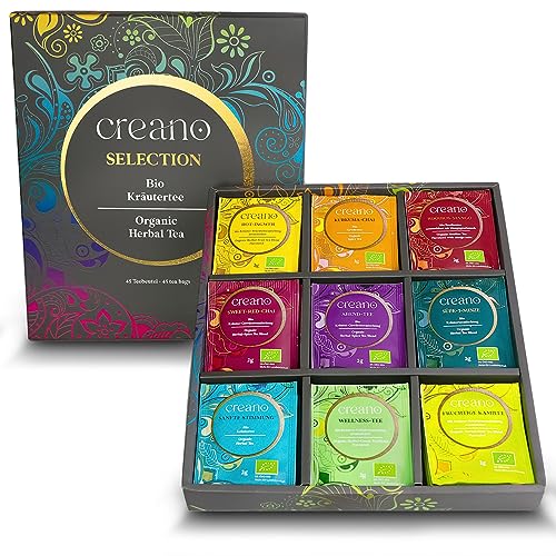 Creano Conjunto de presente de chá de ervas orgânicas, cinzento, orgânico Herbal Cea" - 45 sacos de chá orgânicos em 9 diferentes variedades - 90 g