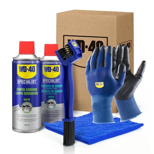 WD-40 Specialist Motorbike Kit manutenção corrente de mota ambiente seco (limpa correntes lubrificante de corrente ambiente seco escova limpa correntes luvas de trabalho pano de microfibra)
