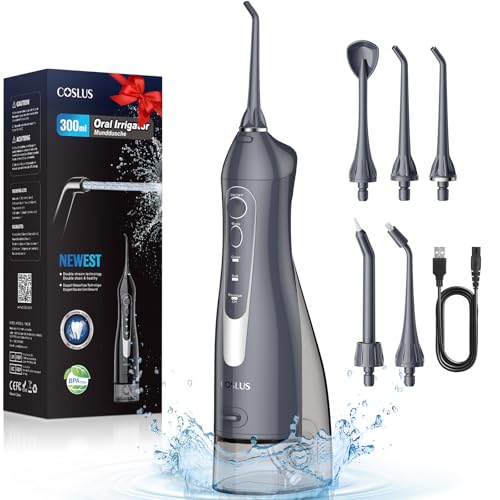 COSLUS Irrigador bucal portátil Flosser: 300 ml irrigador dental sem fios de rega para limpeza dentária duplo jato de água IPX7 impermeável limpeza dentes para casa casa casa de banho e viagens