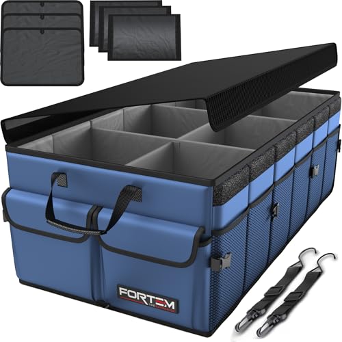 FORTEM Organizador de mala de carro e SUV - organizador de carro para armazenamento - caixa dobrável com 3 compartimentos extra grande - base antiderrapante - correias ajustáveis - tampa removível