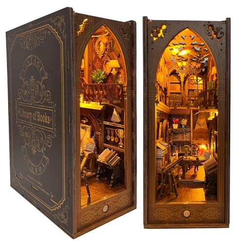 DIY Book Nook Kit - Casa de bonecas em miniatura de madeira com móveis e luzes LED, decoração criativa de inserção de prateleiras, estante de inserir