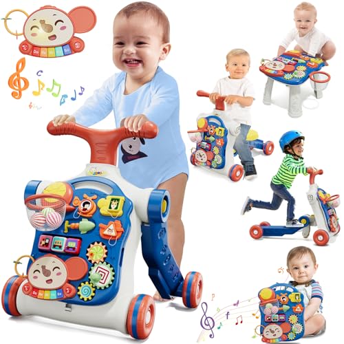 HYES 5 em 1 corredores bebé amador, centro de atividades para learn to walk, sit, and stand, tabuleiro de jogo removível com música, presente para crianças, azul