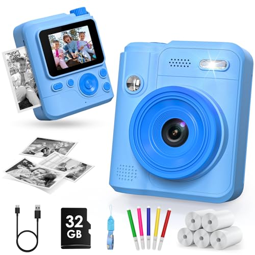 Gofunly Câmara com fotos infantis instantâneas, 2,0" 1080P câmara fotos infantis com cartão de 32 GB e papel fotográfico, brinquedo câmara instantânea presentes para meninos e meninas de 3-12 anos