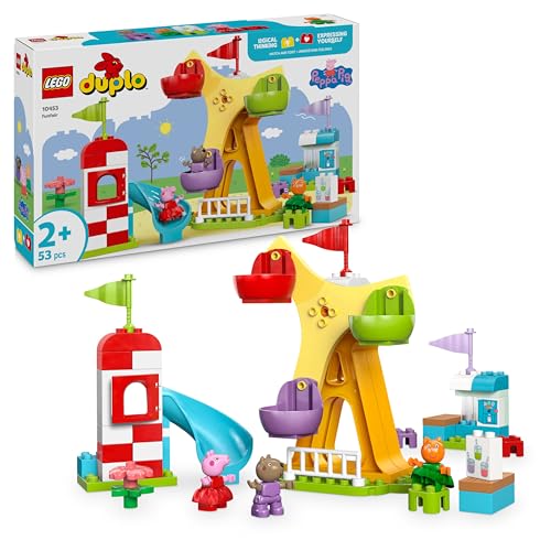 LEGO Duplo Peppa Pig feria parque de diversões com Noria e escorrega de brinquedo e 3 figuras, conjunto para classificar por cores e desenvolver a mobilidade fina para meninas e meninos de 2 anos
