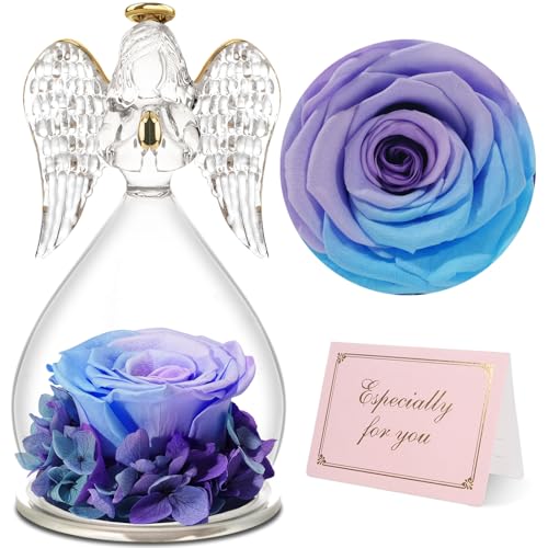 Yamonic Rosa eterna dia da mãe presentes para a mãe, flor eterna com figura anjo presente mãe, dia da mãe presente original para mulher, presente avó, rosa reservadas presente aniversário mulher