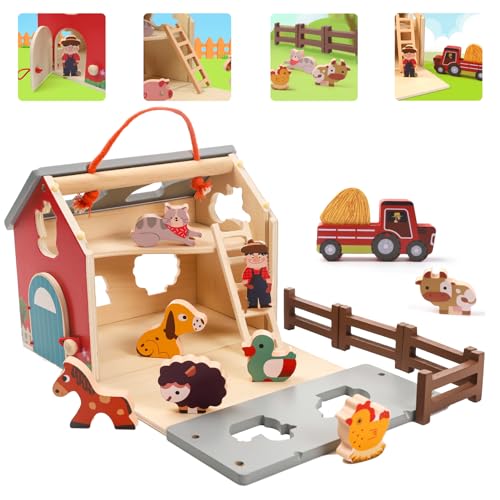 XIAPIA Brinquedos Montessori quinta animais crianças 1 2 3 anos, jogos de quinta com blocos de madeira para construir animais, brinquedos educativos para crianças, presente para crianças