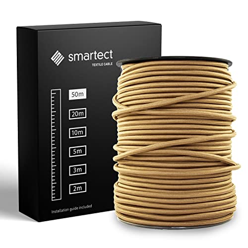 smartect Cabo têxtil em cor castanho claro, cabo elétrico de 3 fios de 50 metros (3 x 0,75 mm²) corda para candeeiro com revestimento têxtil para o seu projeto DIY