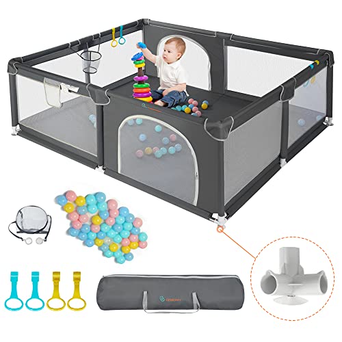 COMOMY Parque infantil para bebé, 180 x 200 x 66 cm, corrente bebé com 50 unidades de bolas, mini basquetebol e 4 Pull Rings, curral de bebé com malha macia e respirável, centro de atividades para