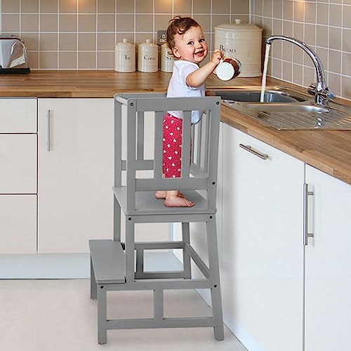 COSYLAND Torre de aprendizagem Montessori - torre de aprendizagem - torre de aprendizagem natural de bambu - torre Montessori (cinzento)