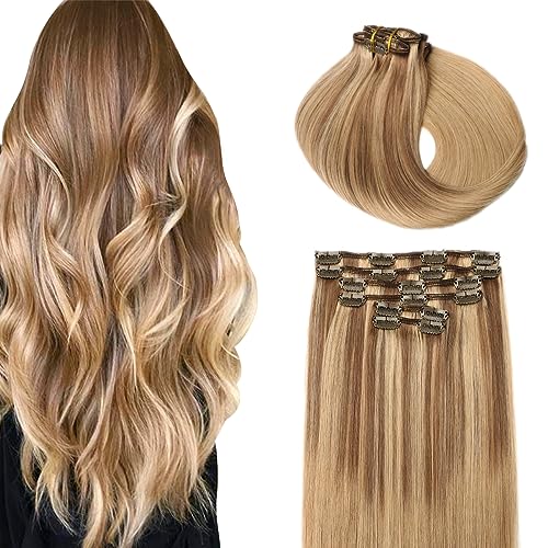 SURNEL Extensões de clipe de cabelo natural 120 g 55 cm 6 peças balayage castanho claro a loiro caramelo humano real remy (C#10/27/27-55 cm)