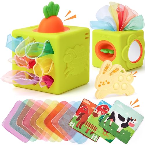 hahaland Brinquedos bebés 6-12 meses - caixa lenços de silicone com Pop-up interativo, espelho - 6 em 1 cubo atividades Montessori bebé 6 meses presente 1 ano