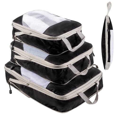 Organizador mala de viagem, Compression Packing Cubes expansíveis organizador de bagagem impermeável cubos de embalagem, preto 3 peças