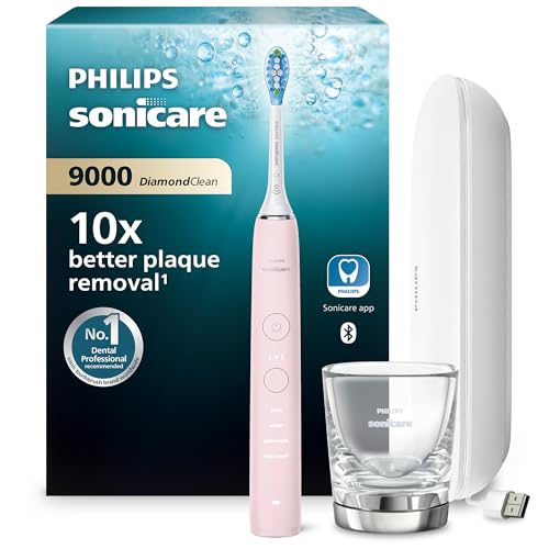 Philips Sonicare DiamondClean 9000 escova de dentes elétrica, sónica com aplicação, sensor de pressão, 4 modos de escovagem, copo de carregamento e estojo de viagem USB, rosa, HX9911/29