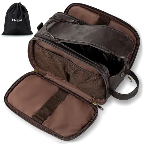 Elviros Neceser homem de viagem, saco de higiene grande impermeável PU, organizador portátil com grande capacidade, Dopp Kit homem para ginásio e trabalho