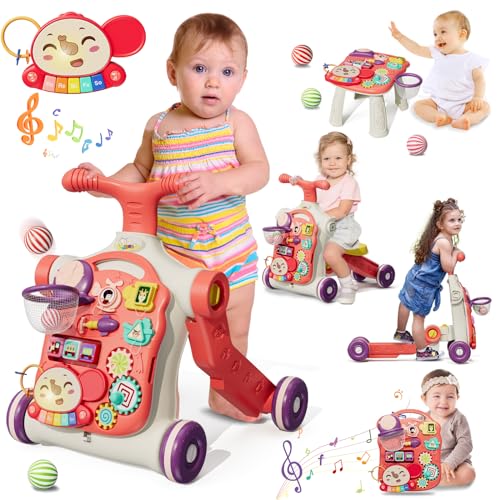 HYES 5 em 1 corredores bebé amador, centro de atividades para learn to walk, sit, and stand, tabuleiro de jogo removível com música, presente para crianças, vermelho