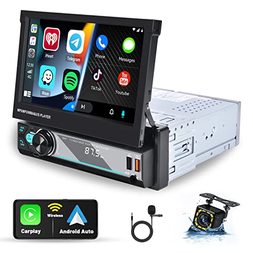 Hikity Rádio carro 1 DIN com ecrã tátil retrátil manual de 7 polegadas Wireless Carplay Android rádio automóvel Bluetooth com Mirror Link FM Am rádio USB tipo C AUX SWC câmara visão traseira