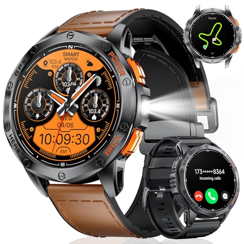 Relógio inteligente homem com GPS/Altitude e bússola, 1,43" AMOLED, lanterna, chamadas, 180 modos desportivos, monitor de saúde 24/7, bateria de 30 dias, 10ATM impermeável Smartwatch para iOS Android