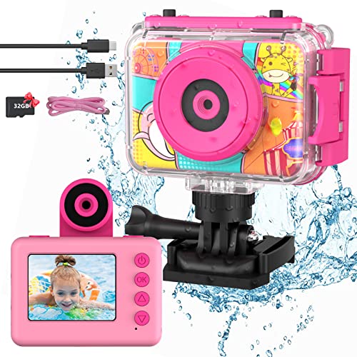 Câmara com fotos infantis, Ushining câmara para crianças impermeável, 12 MP HD 1080P câmara de ação subaquática crianças com ecrã de 2,0 polegadas cartão de 32 GB TF, presente para crianças 3-12 anos,