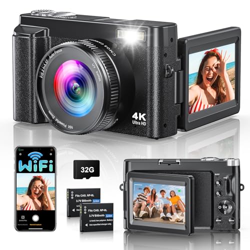 4K 64MP FHD Câmara digital com transferência WiFi, câmara fotográfica com cartão de 32 GB, câmara compacta Zoom 16X e 2 baterias, recarregável compacta portátil para iniciantes