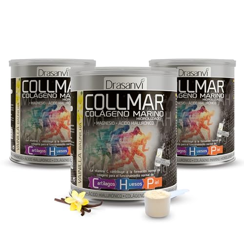 Drasanvi COLLMAR Colagénio marinho hidrolizado com magnésio, ácido hialurónico e vitamina C | para cartilagens, ossos e pele, Máx. Assimilação 9,717 mg/dia | 3 x 300 g de pó | sabor baunilha