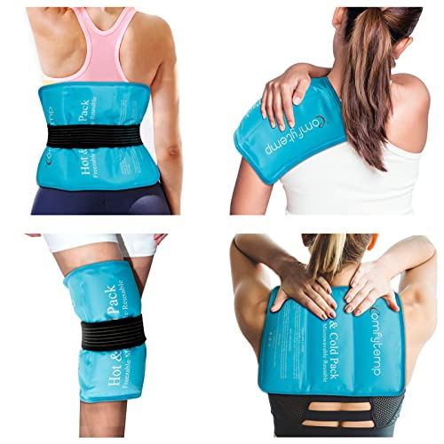 Comfytemp Sacos de gel frio reutilizáveis com correias, 27 x 37 cm, saco de gelo grande para ombros, joelhos, cotovelos, ancas, costas, frio/calor compressas para entorses, inchaço e contusões azul