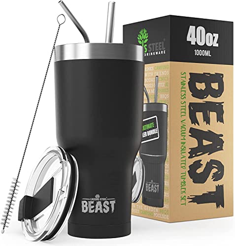Greens Steel BEAST Termo café para levar - 1050 ml I preto mate I caneca térmica de aço inoxidável reutilizável I caneca de viagem de parede dupla a vácuo I 2 palhinhas e escova de limpeza